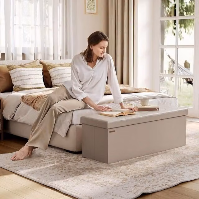SONGMICS Large Foldable Storage Ottoman Foot Rest Cube Heavy Duty Bench in Camel