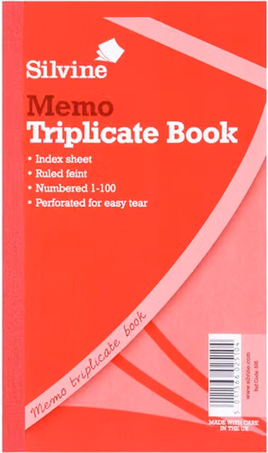 Silvine Triplicate Large Feint Memo Book, 200 Sheets, Pack of 6, White