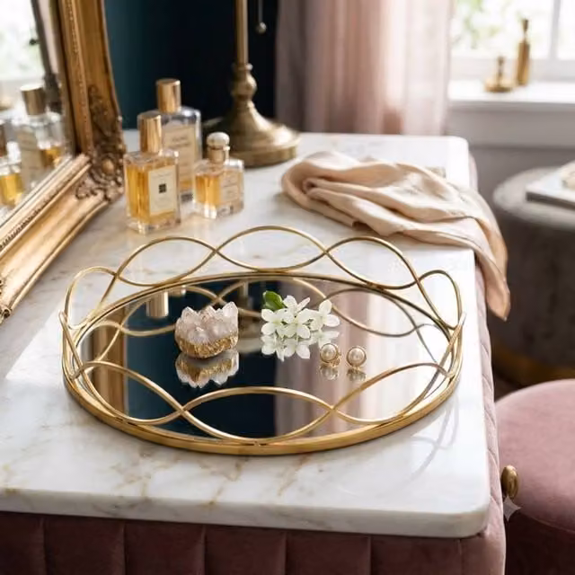 Dynasty Home UK Round Abstract Golden Wave Mirror Decorative Tabletop Tray, Gold, Diameter: 30 cm – 1
