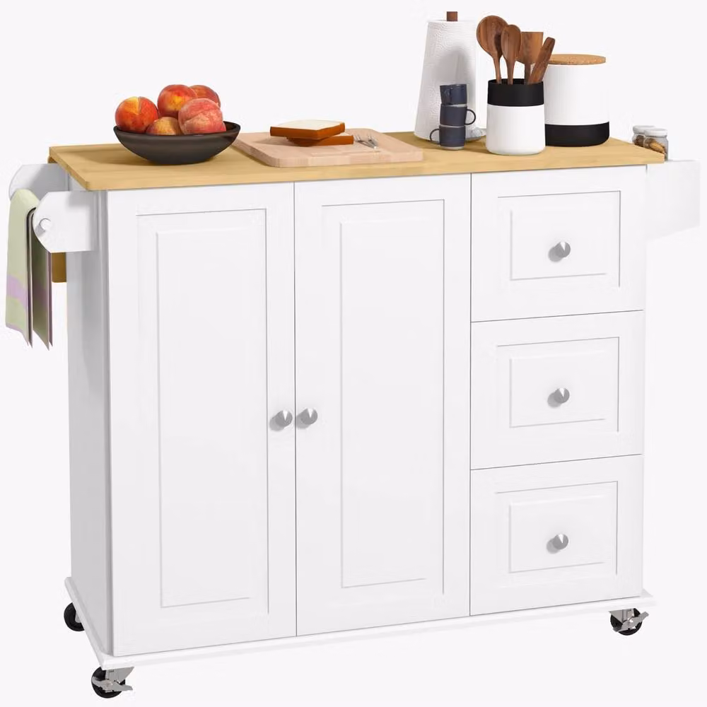 Wyld Haus White Rolling Kitchen Island with Drop Leaf and Drawers, Rubberwood, W/D/H: 91.5 x 64 x 115 cm – 2