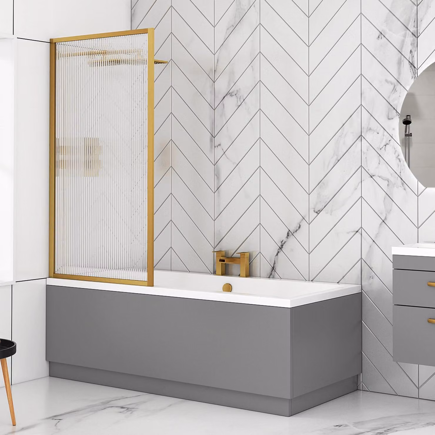 Royal Bathrooms Amaze Square Double Ended Acrylic Bath with Fluted Screen and Indigo Grey Gloss MDF Panel, W: 180 cm, D: 80 cm, H: 55 cm