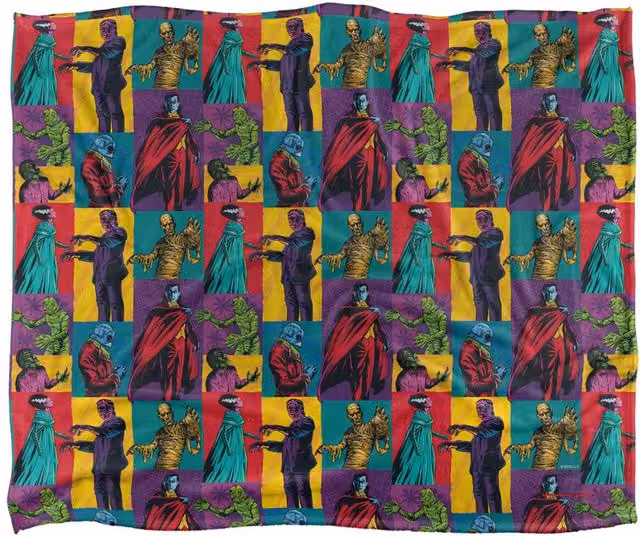 Universal Monsters Collage Silky Touch Blanket in White and Multicolour, W: 152 cm, D: 127 cm