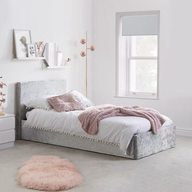 Birlea Berlin Single Ottoman Bed in Grey Velvet Upholstery, W/D/H: 90 x 190 cm