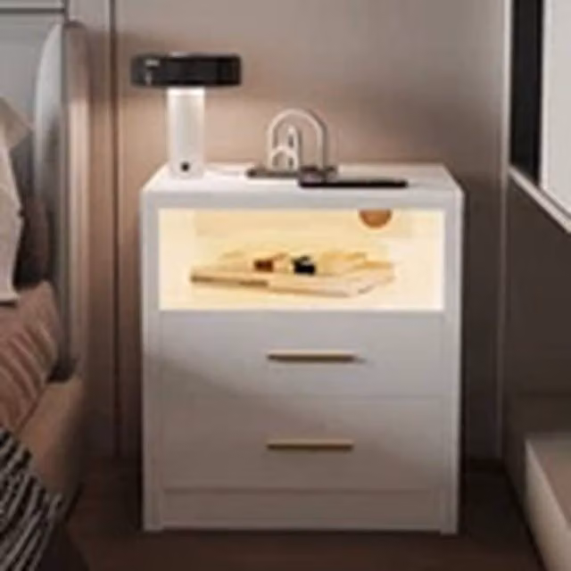 EONLION White Modern Glossy LED Nightstand with 2 Drawers and Integrated Lighting