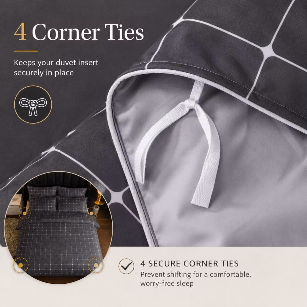 Pamposh Single Reversible Checked Microfibre Duvet Cover Set in Charcoal Grey – 3