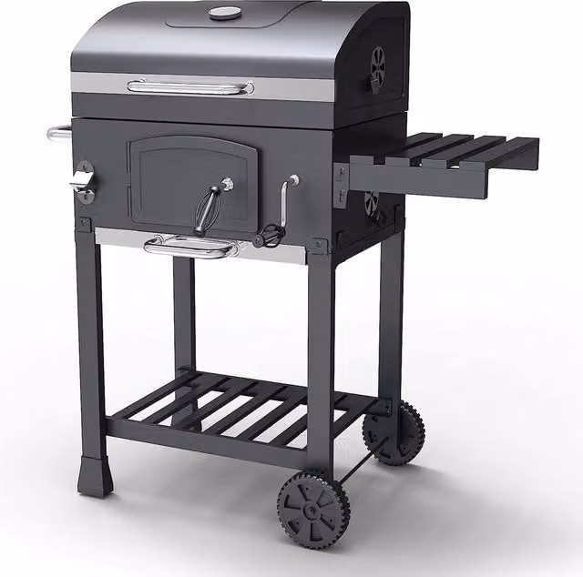 Gr8 Garden Large Rectangular Adjustable Charcoal Barbecue Grill in Black with Thermometer, Warming Rack and Wheels, W/D/H: 103.5 x 102 x 64.5 cm
