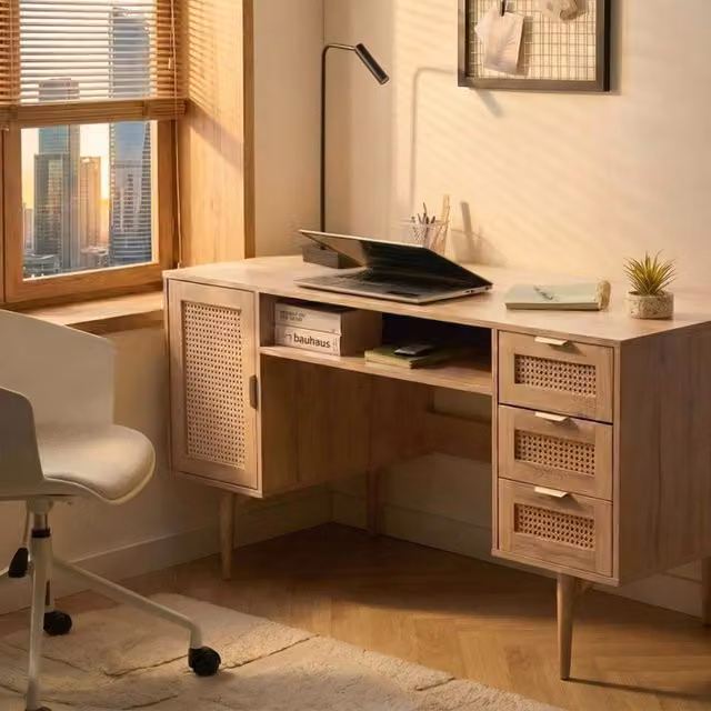 Wyld and Coco Everwood Home Office Writing Desk in Brown with Rattan Details – 1