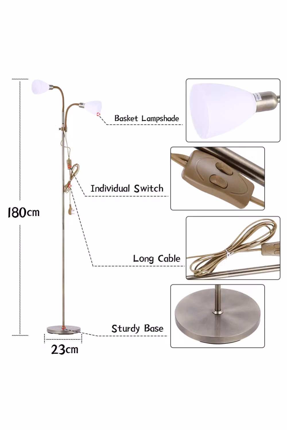 Living and Home Modern 2 Head Adjustable Standing Floor Lamp in White and Multicolour – 3