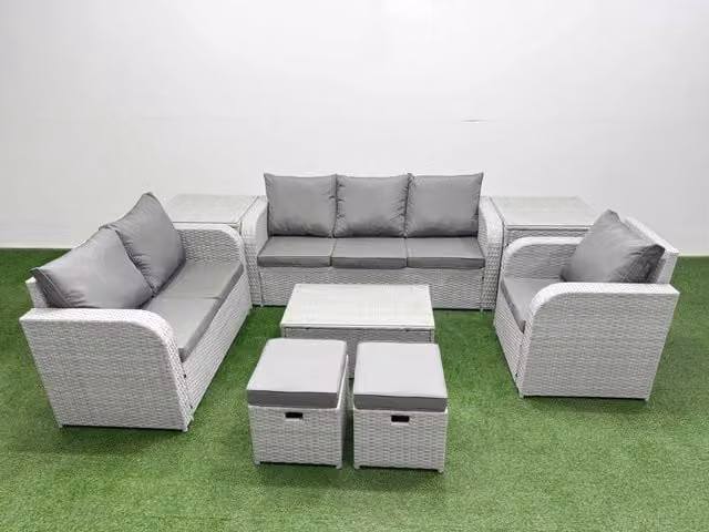 Fimous Patio 8 Seater Grey Rattan Outdoor Furniture Set with U-Shape Sofa, Coffee Table and Ottoman