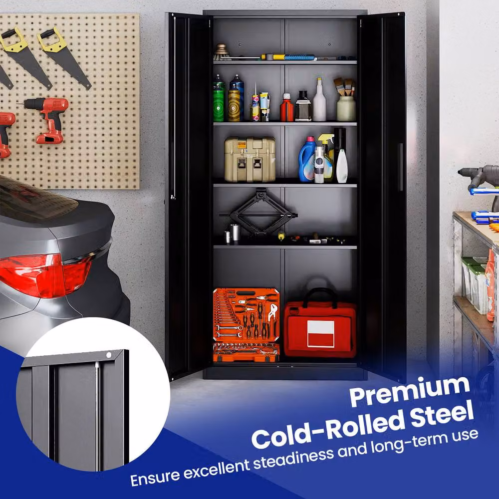 Gymax Lockable 2-Door Steel Tool Cabinet and Pantry in Black, W/D/H: 80 x 40 x 180 cm – 5