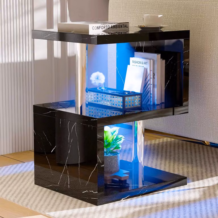 DHS Black Marble High Gloss Side Table with LED for Living Room or Bedroom