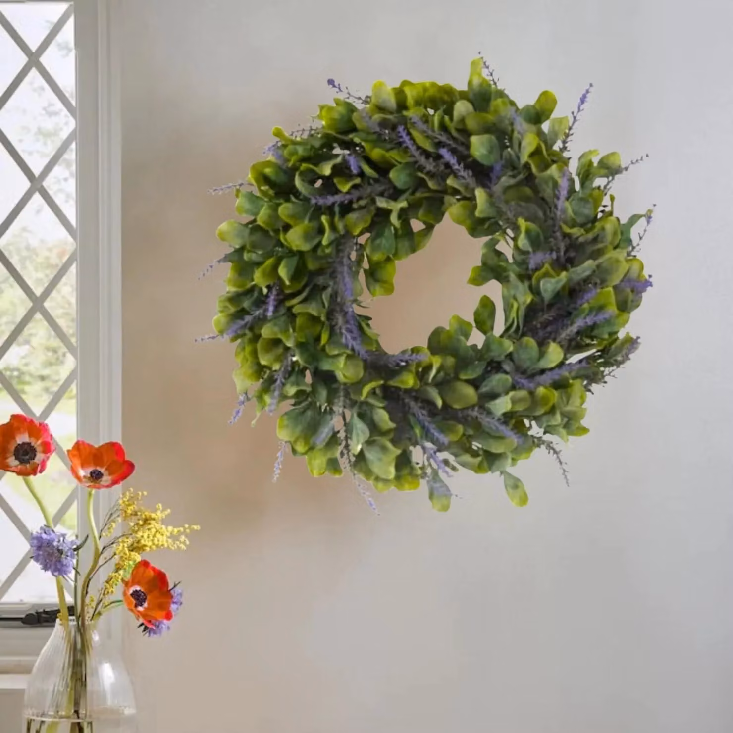Marco Paul Round Artificial Lavender Floral Wreath in Green and Purple – 6
