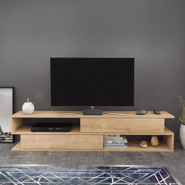 Decorotika Cortez Modern Geometric TV Unit in Brown and Orange Wood