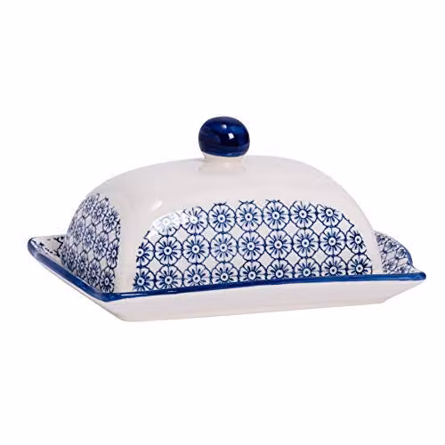 Nicola Spring Hand Printed Floral Stoneware Butter Dish with Lid in Blue, W: 18.5 cm, D: 12 cm, H: 9 cm