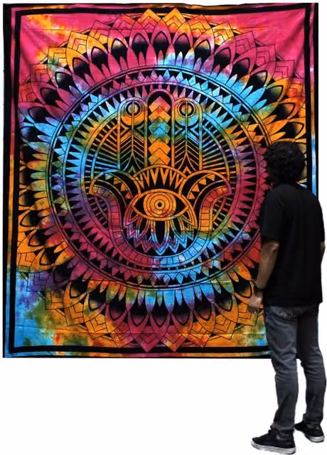 KDMK Handmade Hamsa Mandala Cotton Bedspread and Wall Hanging in Multicolour and Yellow