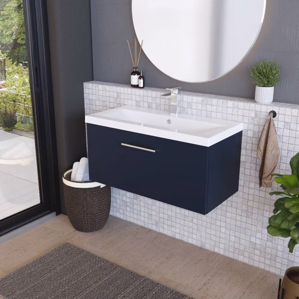 Balterley Contemporary Wall Hung Bathroom Vanity Unit with Mid-Edge Ceramic Basin and Soft-Close Drawer, Midnight Blue, W: 80.0 cm, D: 39.0 cm, H: 39.9 cm – 3