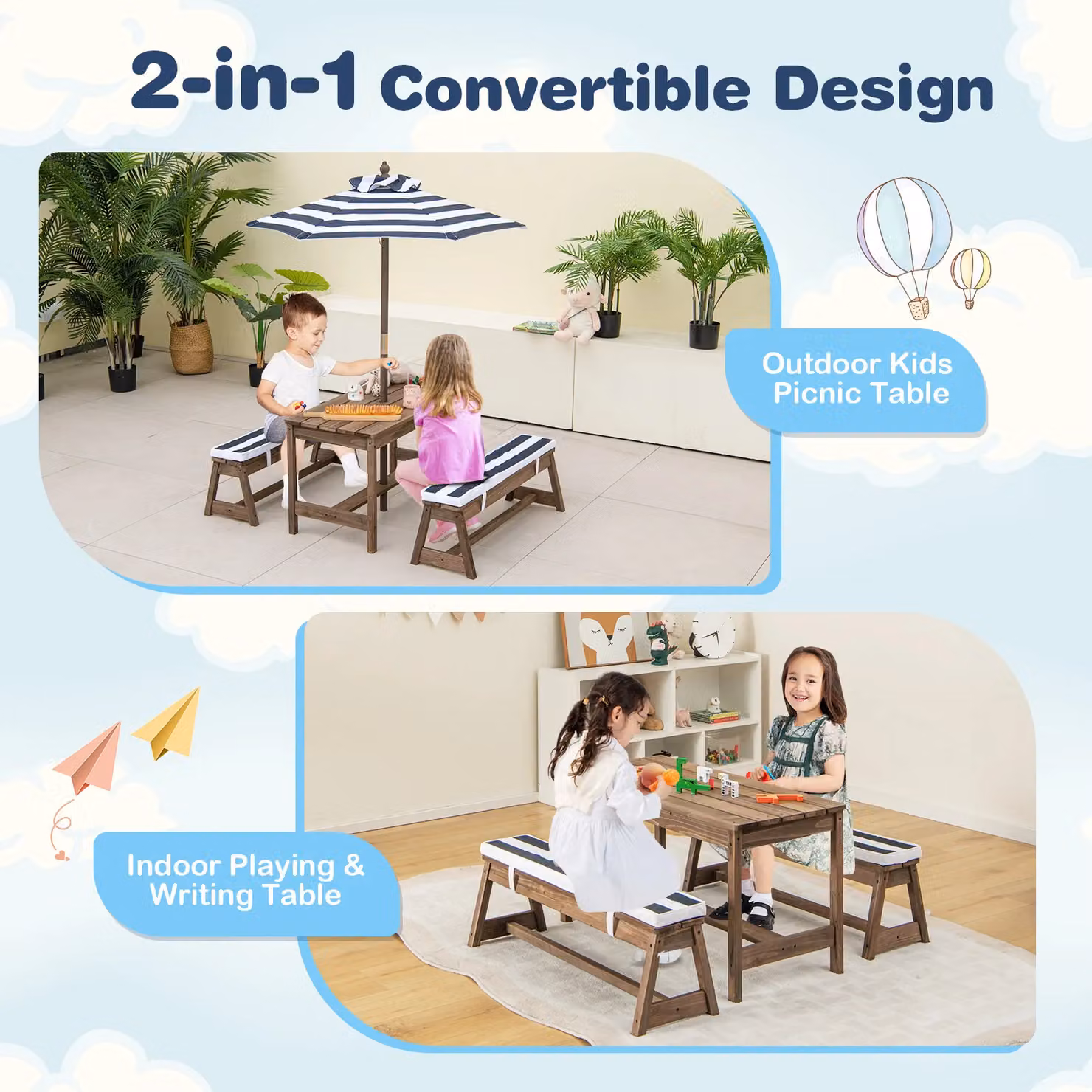 Costway Wooden Kids Picnic Table and Bench Set with Umbrella in Blue – 2