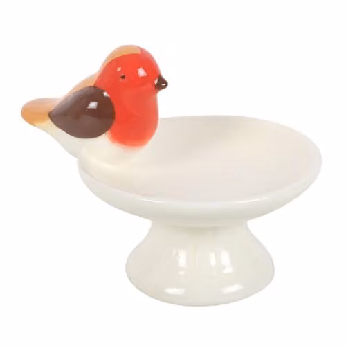 Something Different Wholesale Ceramic Robin Bird Trinket Dish, Round Decorative Plate in Black, Red and White
