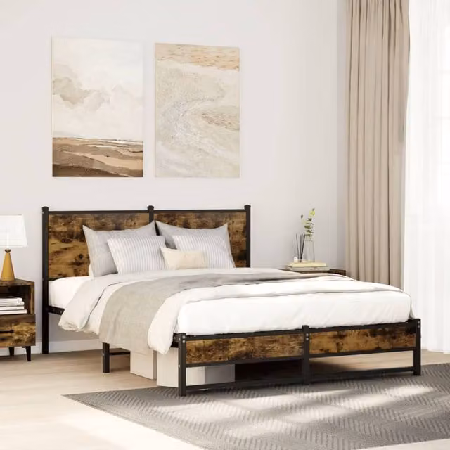 Berkfield Home Metal Bed Frame in Smoked Oak Brown, W/D/H: 140 x 190 cm – 1