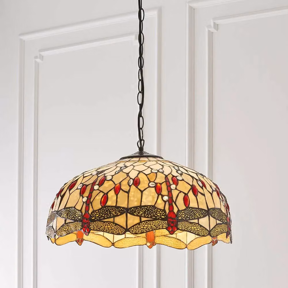 Loops Tiffany Glass Dragonfly Pendant Light with Bronze Chain in Multicolour and Clear – 2