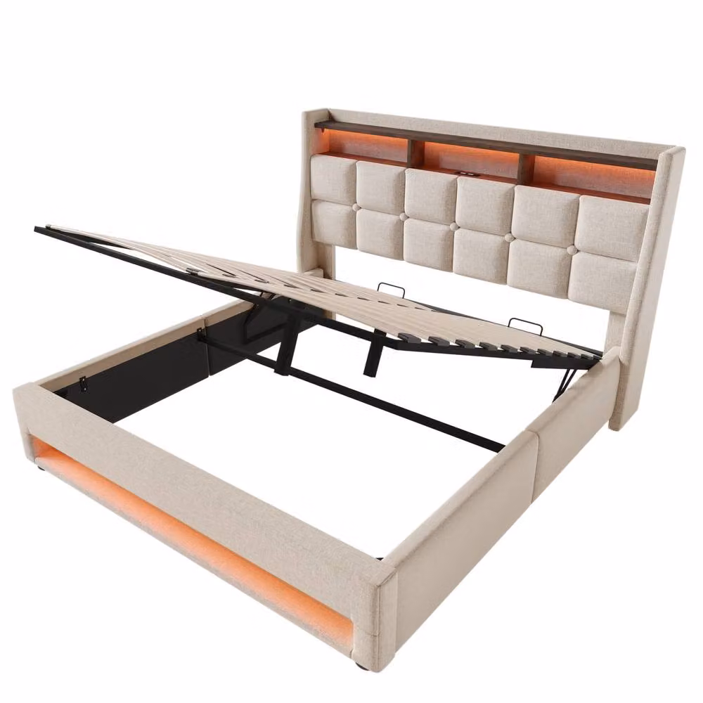 BTM Beige 5FT King Upholstered Bed with LED Headboard, USB Charging Ports and Bedside Shelf, W/D/H: 150 x 200 x 155 cm – 4