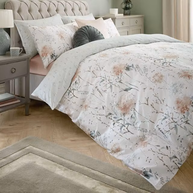 Laura Ashley Pallington Bloom Reversible Floral Cotton Mako Satin Duvet Cover and Pillowcase Set in Plaster Pink and Green