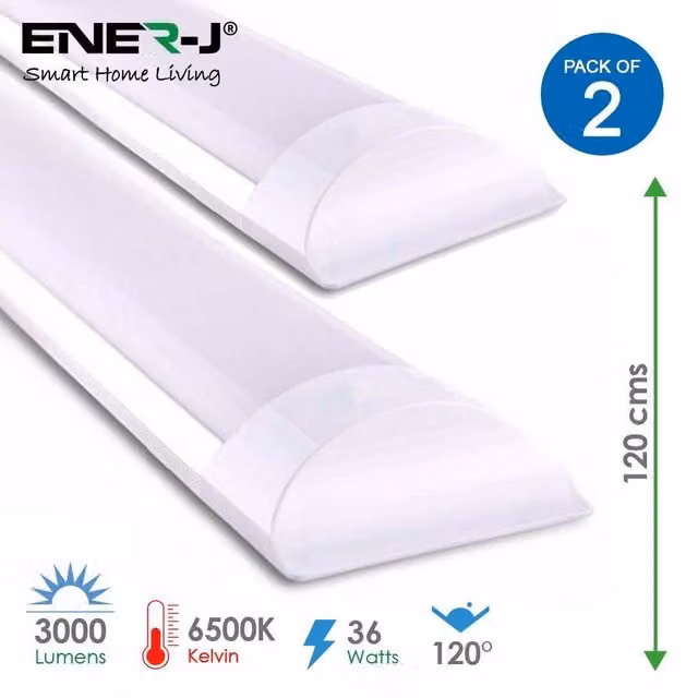 ENER-J 36W Prismatic LED Tube Batten Complete Fitting, 2 Pack, White, 6500K Cool White, Diameter: 25 cm, Height: 19 cm