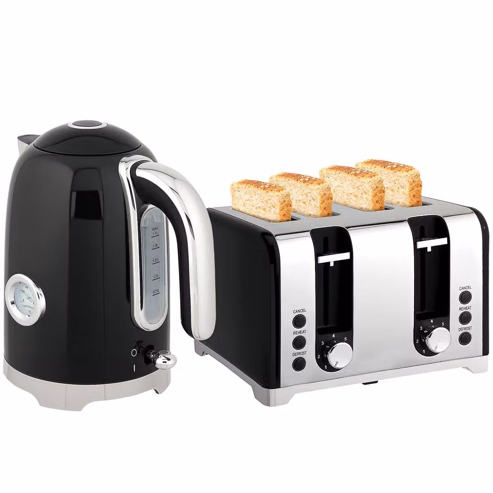 STILVORA Kettle and 4-Slice Toaster Set in Black and Silver – 4