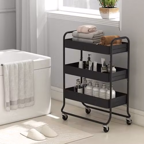 HOMCOM 3-Tier Metal Storage Trolley with Mesh Baskets and Wheels, Black – 6