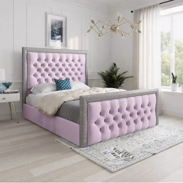 KDMD Wolston Designer Bed Frame in Pink Soft Velvet with Silver Glitter Border, W/D/H: 120 x 200 x 137 cm