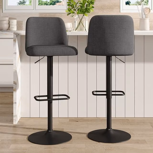Livingandhome Set of 2 Grey Linen Swivel Counter Bar Stools with Backrest