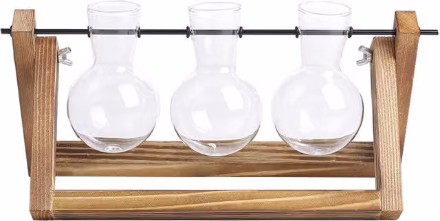Livingandhome 3-Piece Bulb Glass Vase Set with Brown Wood Stand