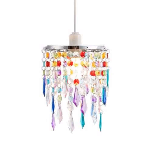 Happy Homewares Modern Waterfall Easy Fit Pendant Shade with Multi Coloured Acrylic Droplets and Chrome Metal Ring, Diameter: 16 cm