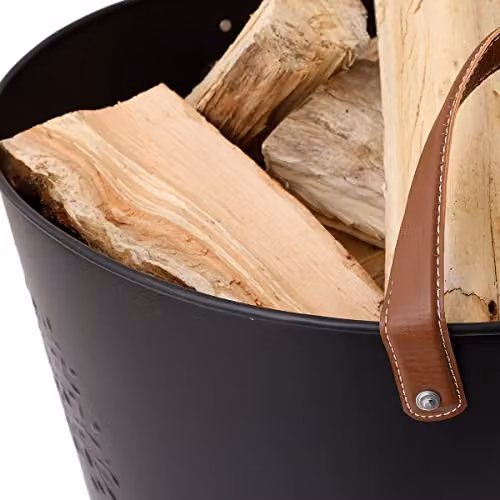 Charles Bentley Black Log Bucket with Leather Handles, W/D/H: 36 x 45 x 45 cm – 4