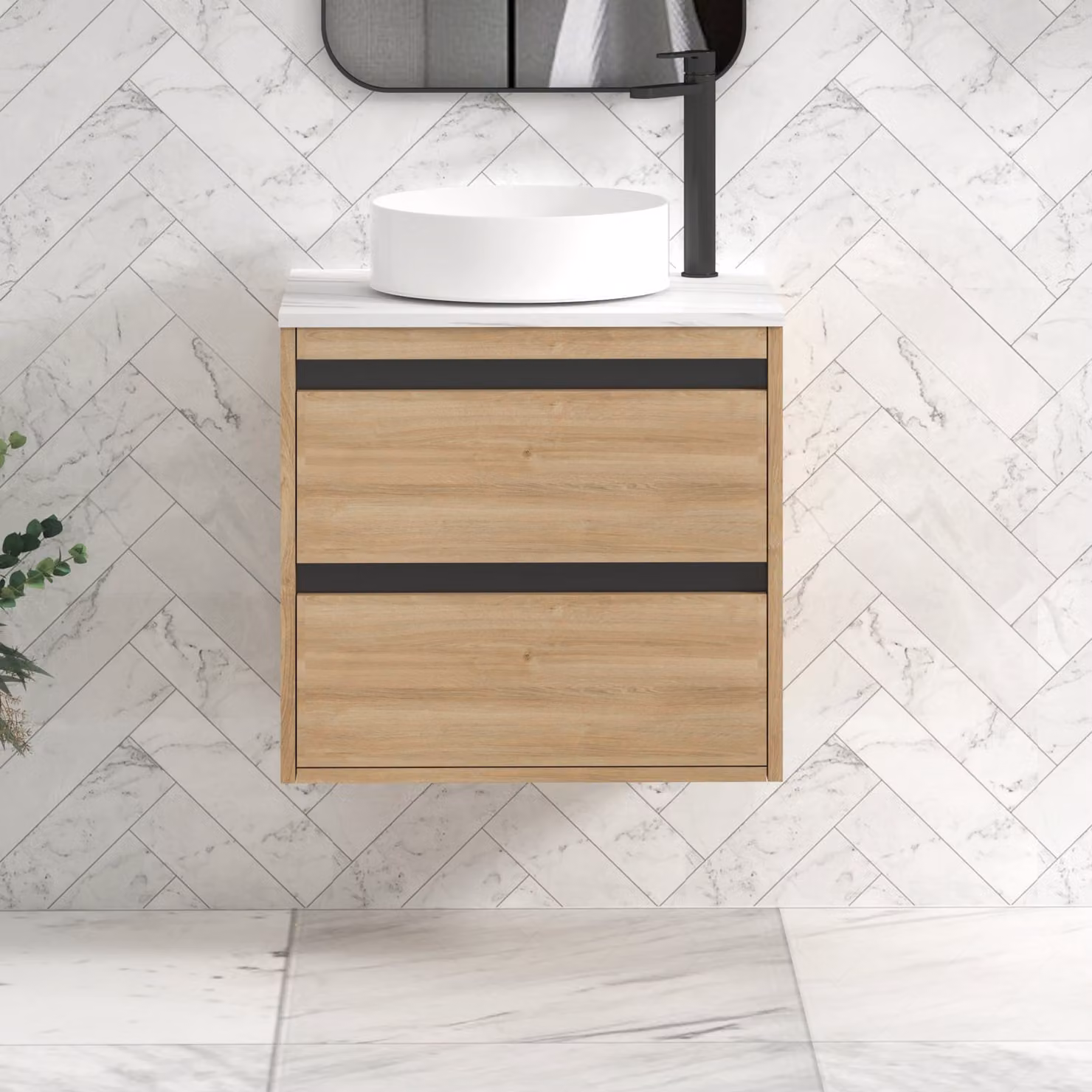 Royal Bathrooms Orion 800mm Natural Oak Wall Hung Vanity Unit with 2 Drawers, Art Basin and Black Accent Trim