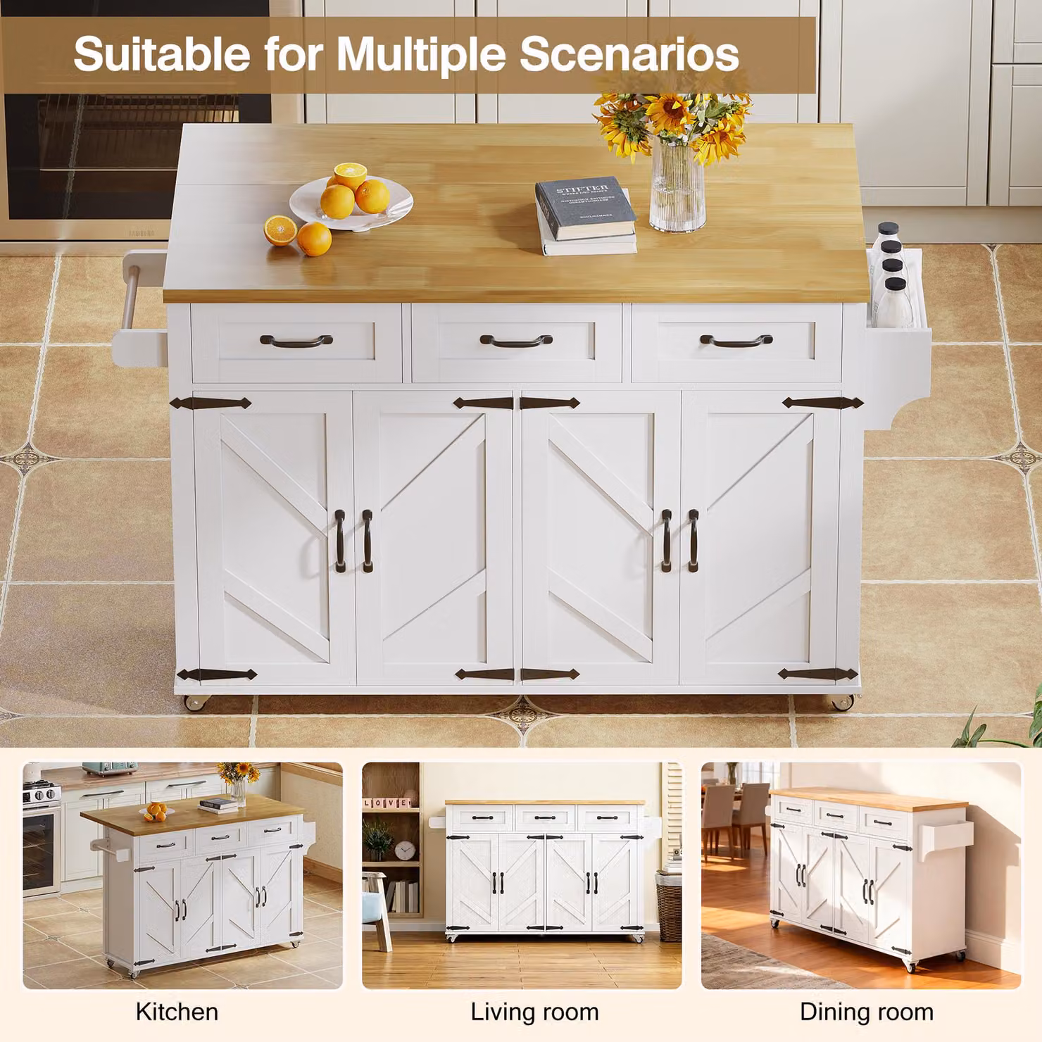 Aosom UK Mobile Kitchen Island with Foldable Tabletop and 5 Lockable Castors, White and Natural, W: 70 cm, D: 70 cm, H: 90.5 cm – 3