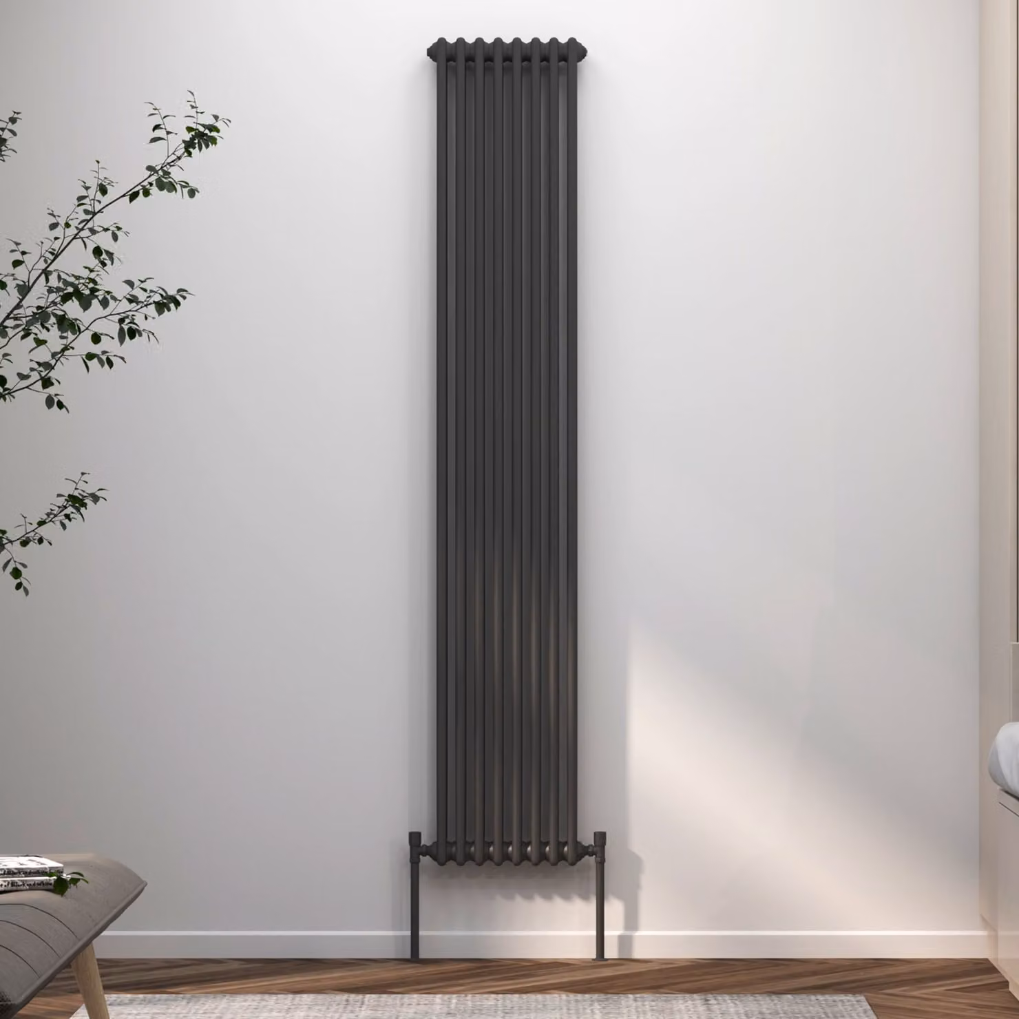 Fluxx Anthracite Vertical Double Column Radiator, H: 180 cm, W: 38 cm
