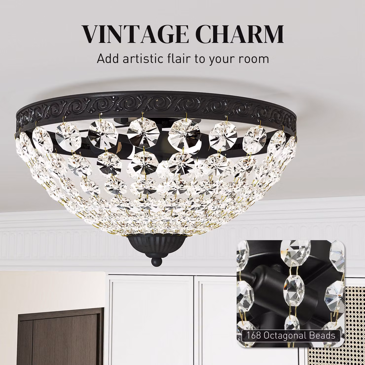HOMCOM Vintage 2-Light Crystal Chandelier Ceiling Light with 168 Octagonal Beads, Black – 3