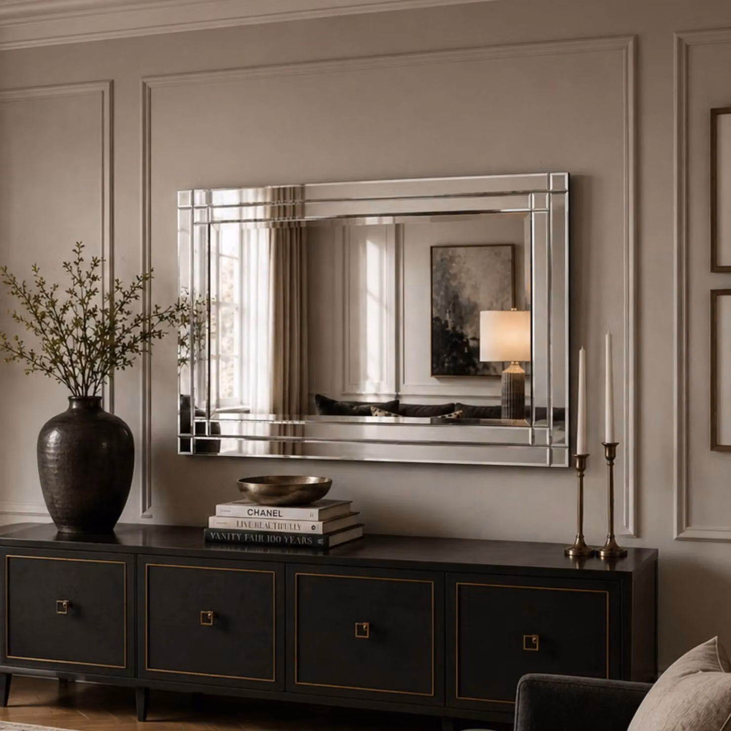 Yearn Mirrors Art Deco Double Bevelled Rectangular Wall Mirror in Black, Silver or Transparent, W: 120 cm, H: 80 cm – 2