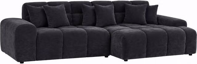 Furnishings For Less UK Jenson Black Right Hand Facing Plush Velvet Corner Sofa with Chaise and Scatter Cushions