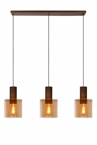 Lucide Toledo Dimmable Adjustable Vintage Bar Pendant Light in Copper and Amber Glass, W/D/H: 120 x 20 x 165 cm