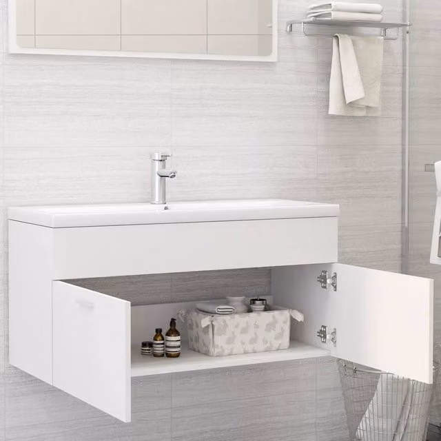 Berkfield Home White Wall Mounted Sink Cabinet with Hinged Doors and Internal Shelves, W/D/H: 100 x 38.5 x 46 cm