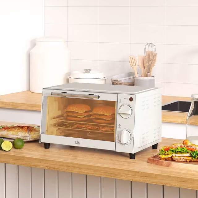 HOMCOM 9L Mini Electric Oven with Timer in Beige and White