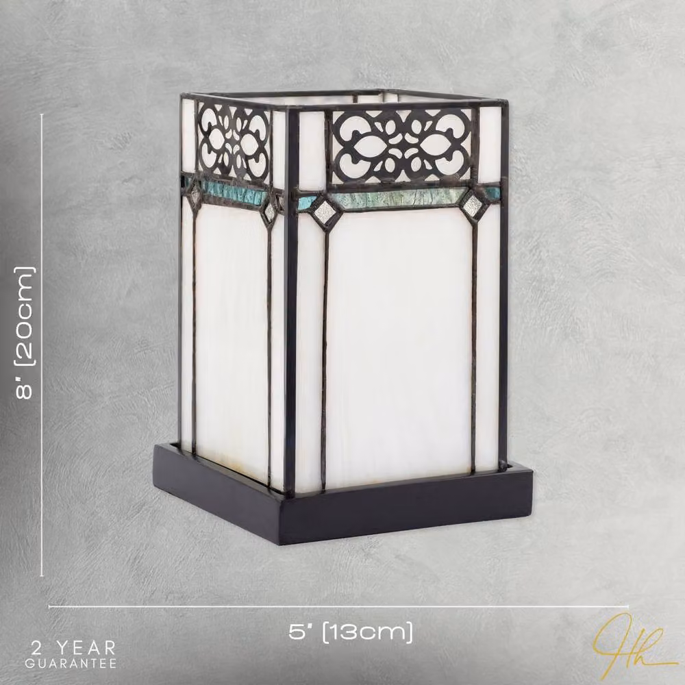 Happy Homewares 1920s Vintage Rectangular Tiffany Glass Table Lamp in Green and White – 4