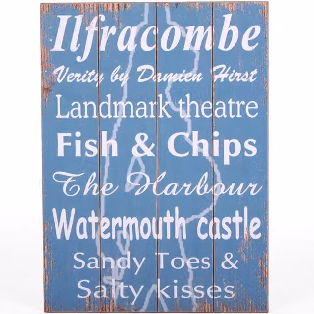 KDMK Ilfracombe Seaside Welcome Maritime Wall Sign, Blue Wood, W: 114.3 cm, H: 83.82 cm