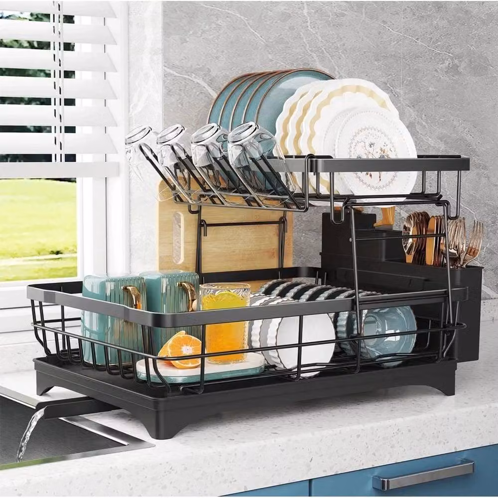 KORVIXA 2 Tier Black Coated Steel Dish Drainer Rack with Cutlery and Cup Holder – 3