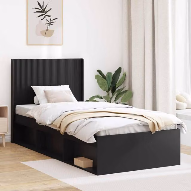 Berkfield Home Modern Bed Frame with Headboard and Side Compartment Storage, Black, W/D/H: 90 x 200 cm