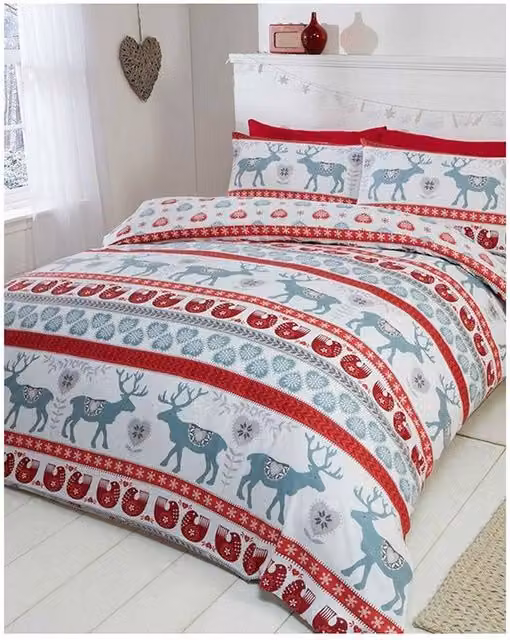 Rapport Scandi Christmas Brushed Cotton Duvet Cover and Pillowcase Set in White and Multicolour, W: 180 cm, H: 200 cm