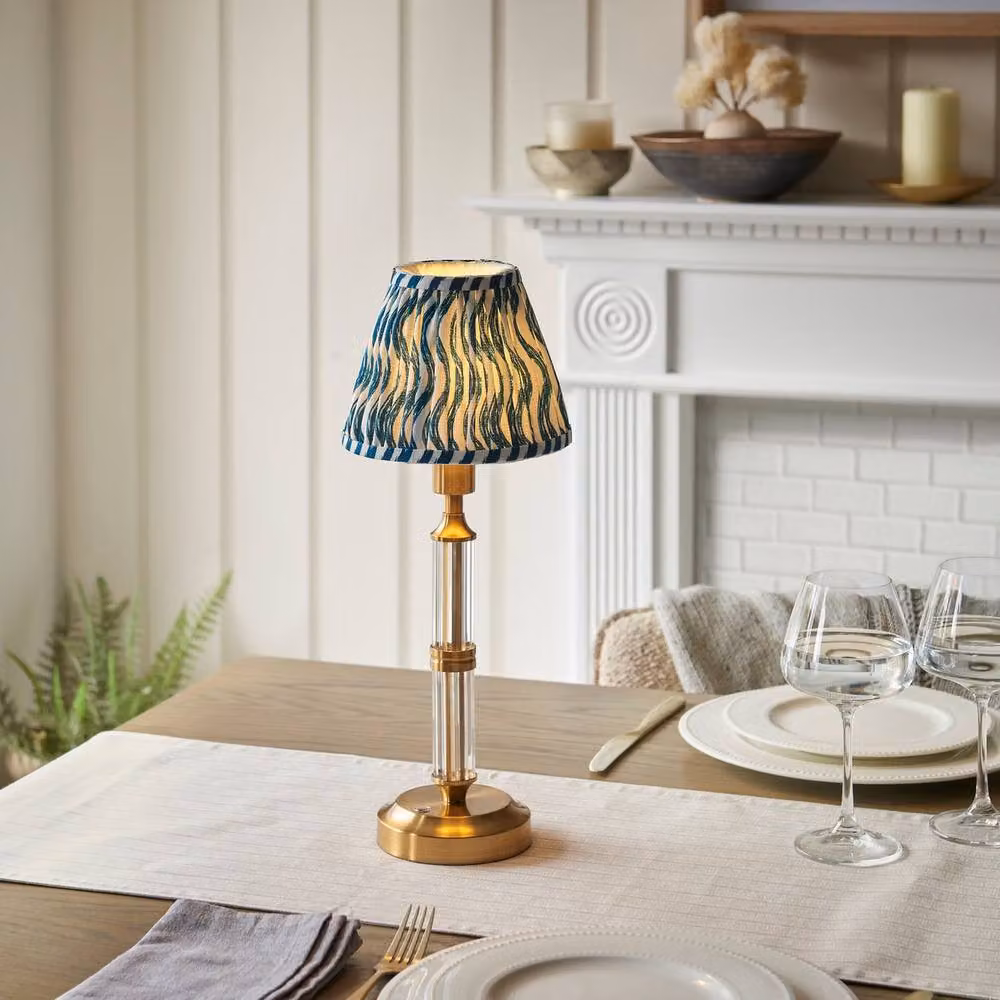Netlighting Morton Rechargeable LED Table Lamp with Blue Fabric Shade and Gold Brass Base – 2