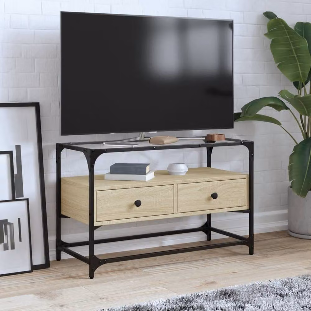 Berkfield Home TV Cabinet in Sonoma Oak and Brown with Glass Top, W/D/H: 80 x 35 x 51 cm – 2